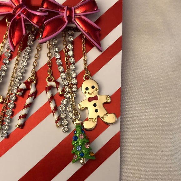 Betsey Johnson Gold Tone Red Metal Bow Front Back Drop Earrings Fringe Accents - Picture 6 of 13